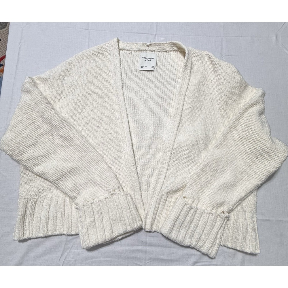 Abercrombie & Fitch Cardigan Open Sweater Ribbed White Minimal Pockets Women M